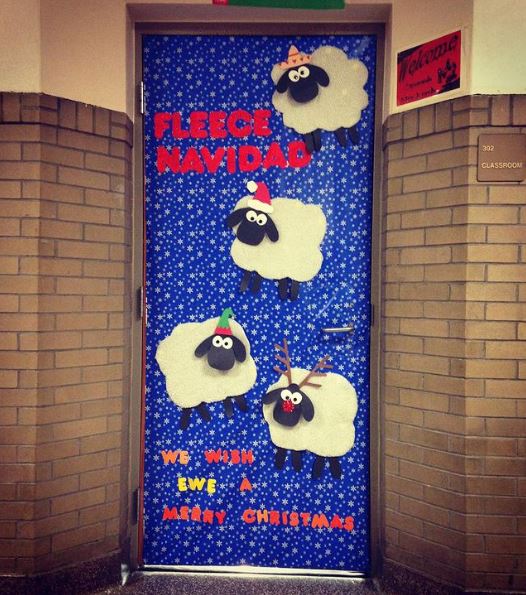 Spanish sheep 'Fleece Navidad' Christmas decoration for a classroom door