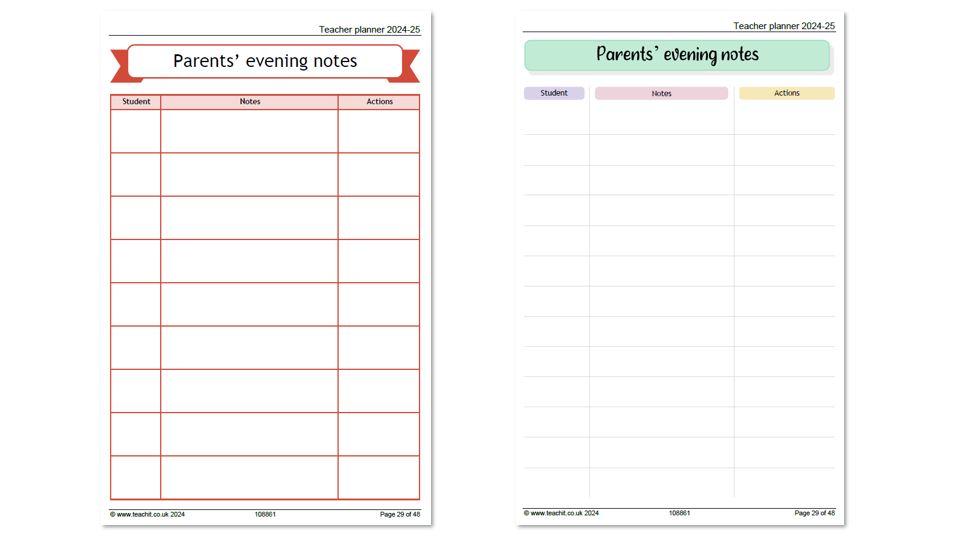 Parents' evening templates from Teachit's Teacher Planner