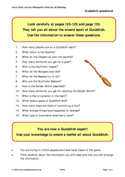 Quidditch questions - Harry Potter reading comprehension (Teachit)