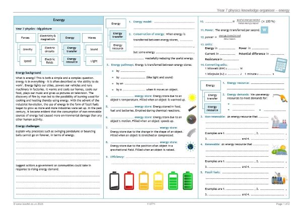 KS3 physics energy knowledge organiser