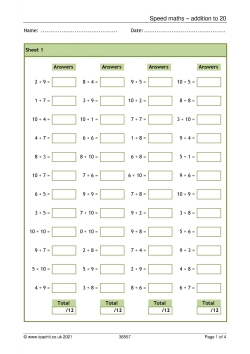 Addition to 20 practice worksheet